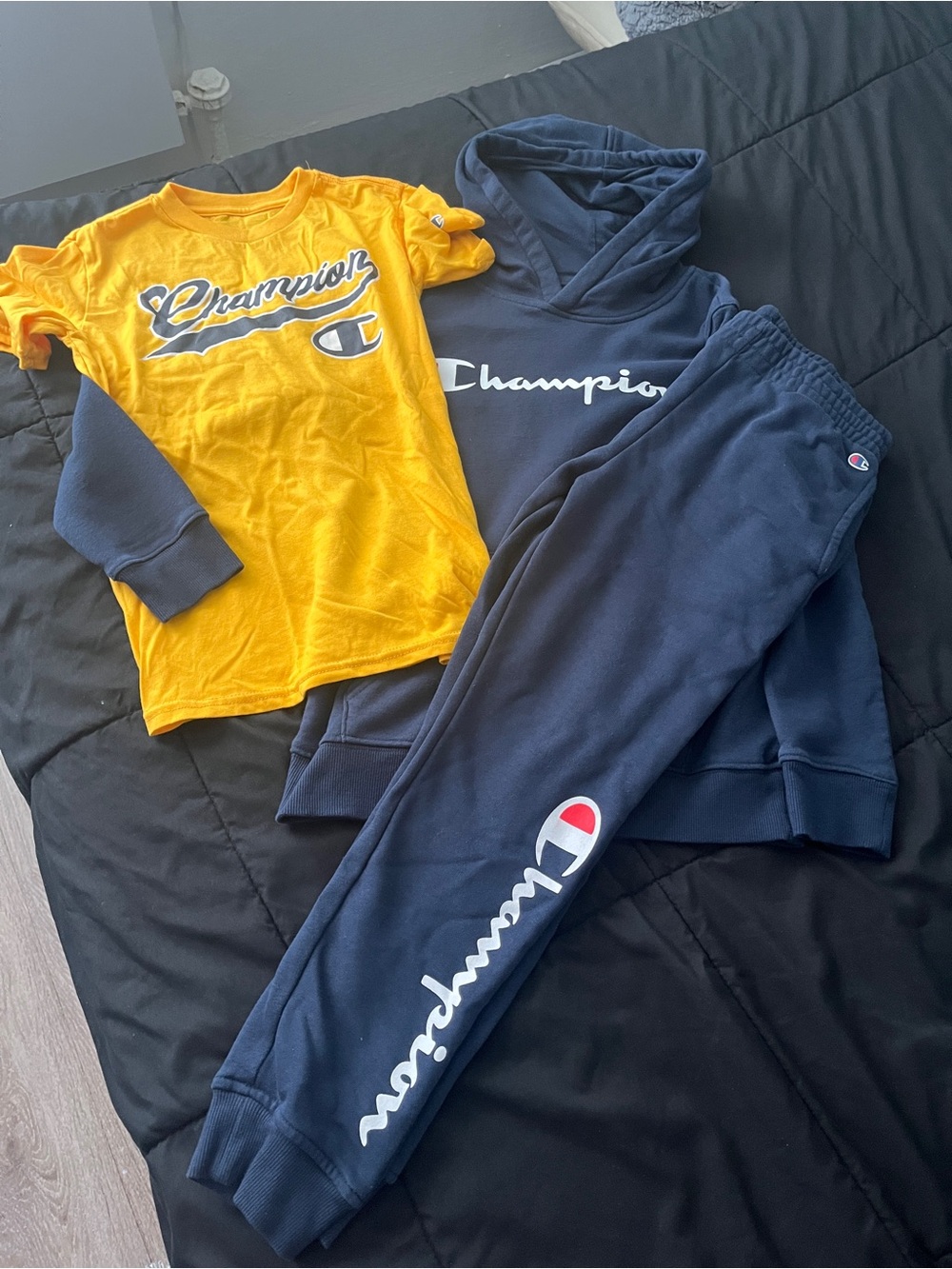 Champion Kids Navy Jogger Set with White Logo And Matching Yellow Shirt